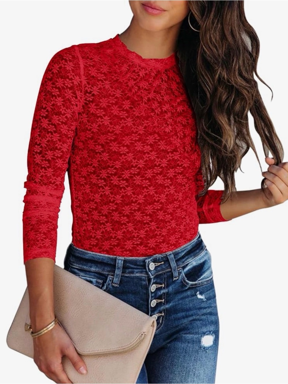 Aoudery Sleeve Mesh Top Mock Neck Sheer Blouse See Through Red Top Sz M Women - Picture 2 of 4